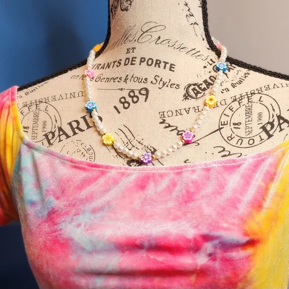 Kawaii Pearls & Colorful Flowers Beaded Necklace Y2K Handmade - Picture 3 of 6